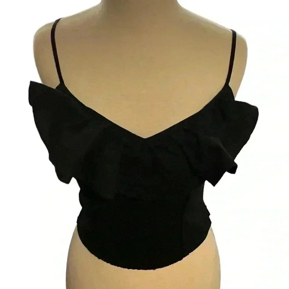 Guess, Ruffled, Black, Smock Tank With Adjustable Straps, Size Medium, Pre Loved - Picture 4 of 10